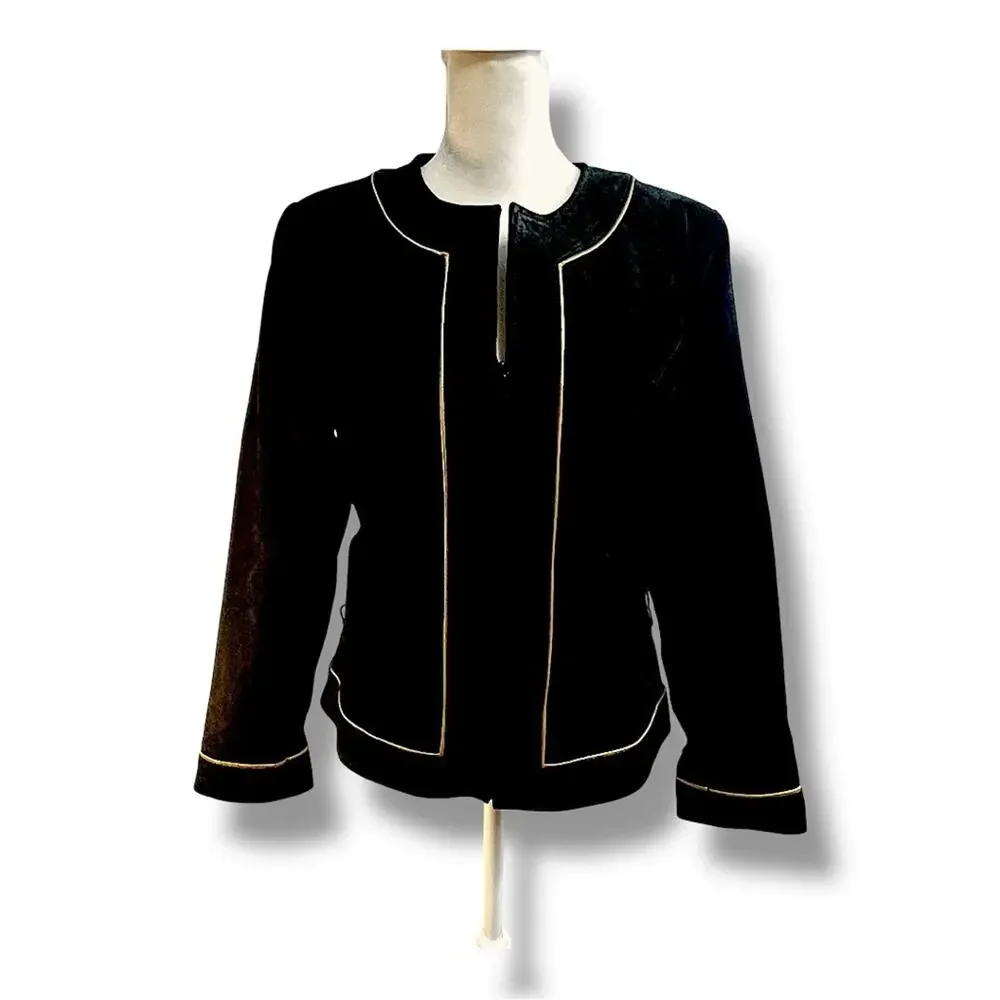 YVONNE MARIE VTG Black Suede Leather & Metallic Gold Trim Blazer/or Jacket SZ 10